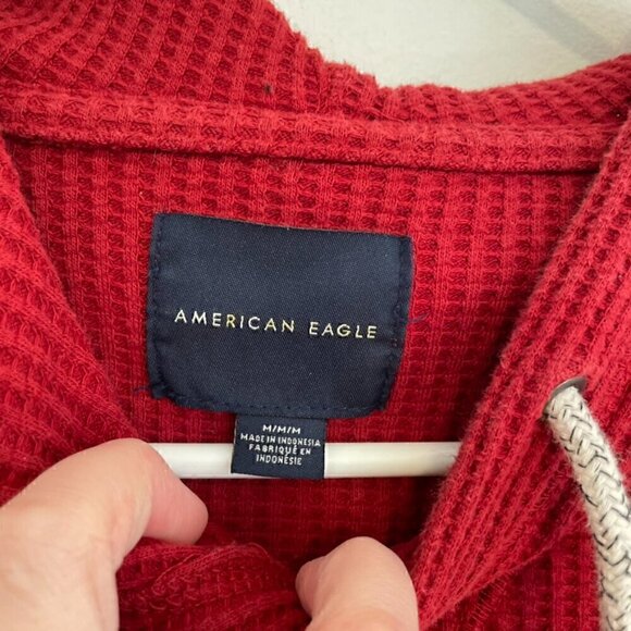 AMERICAN EAGLE Mens Solid Red Pullover Waffle Knit Thermal Hoodie Sweatshirt M - Picture 4 of 16